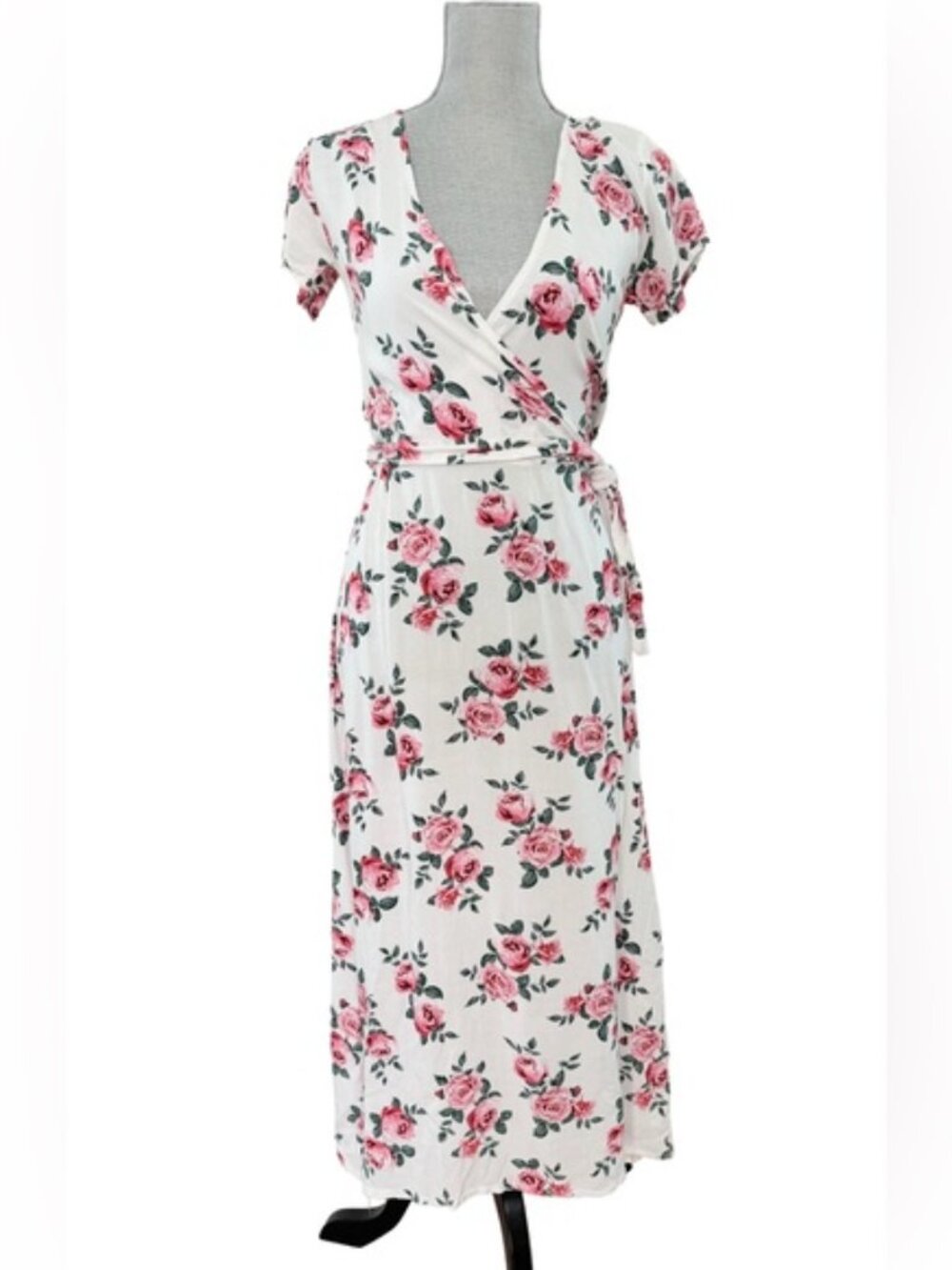 Floral Wrap Maxi Dress - Pink Rose on White